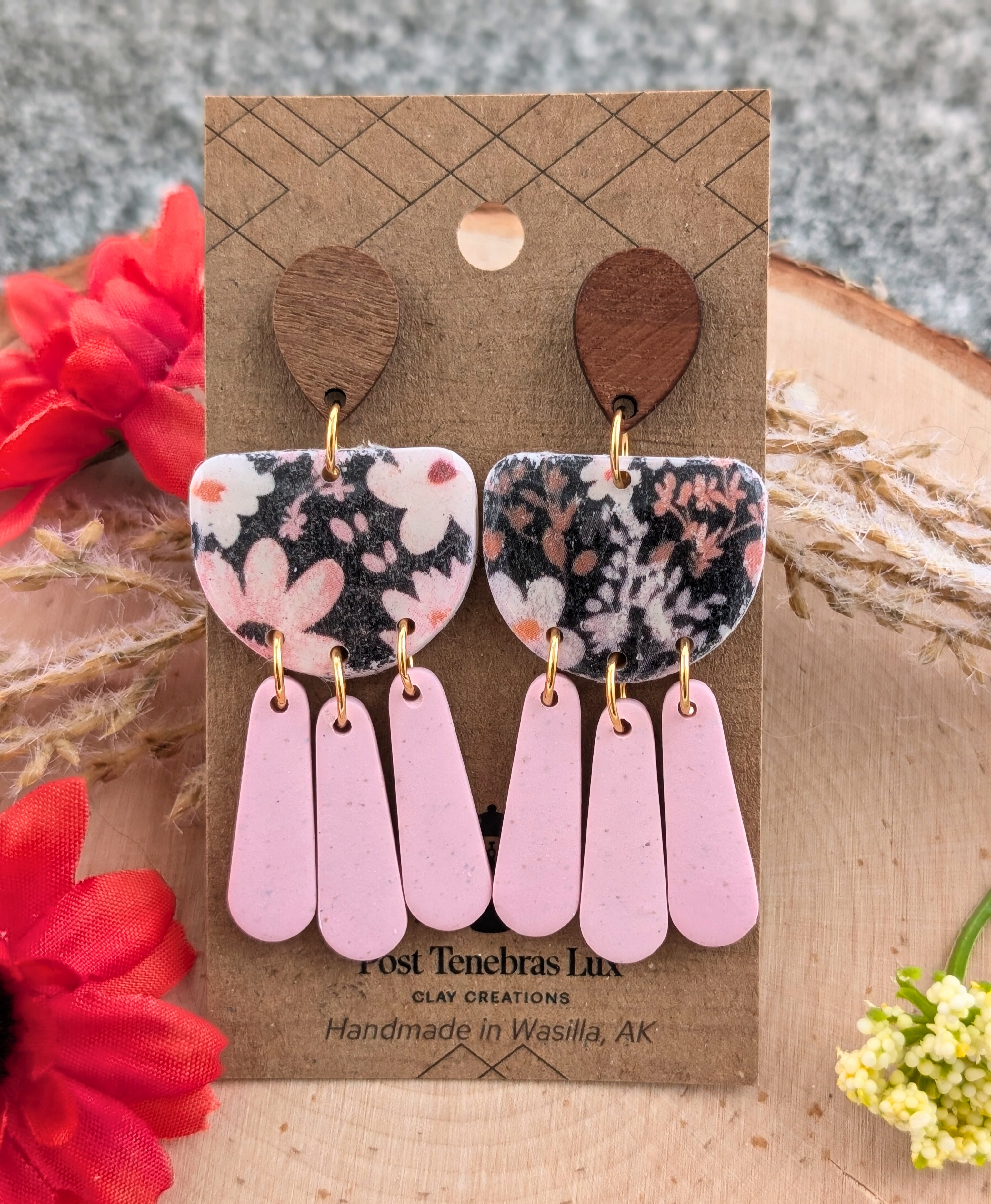 Dark Pink Floral Three-Drop Earrings