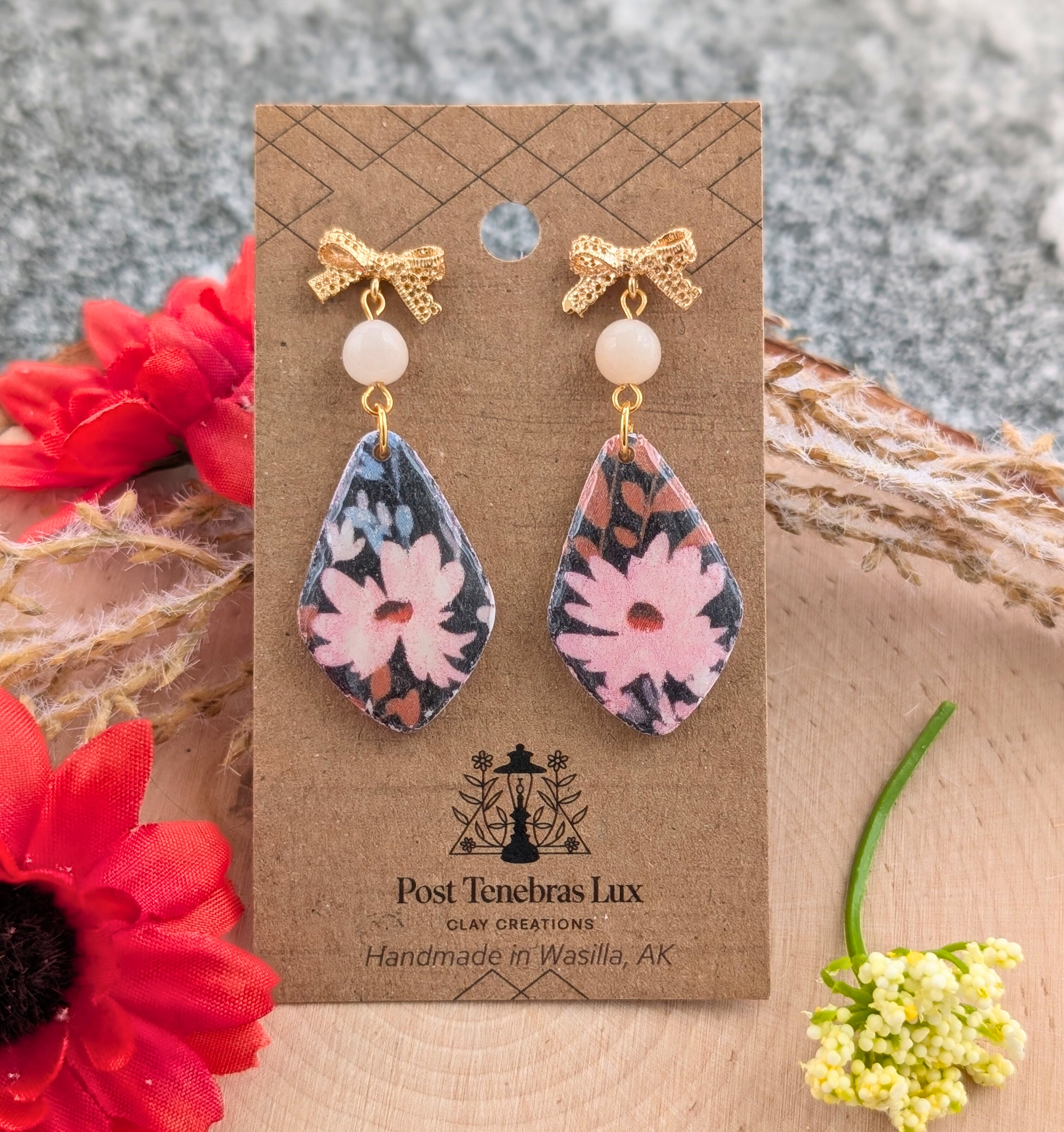 Dark Flower Drop Earrings with Bead