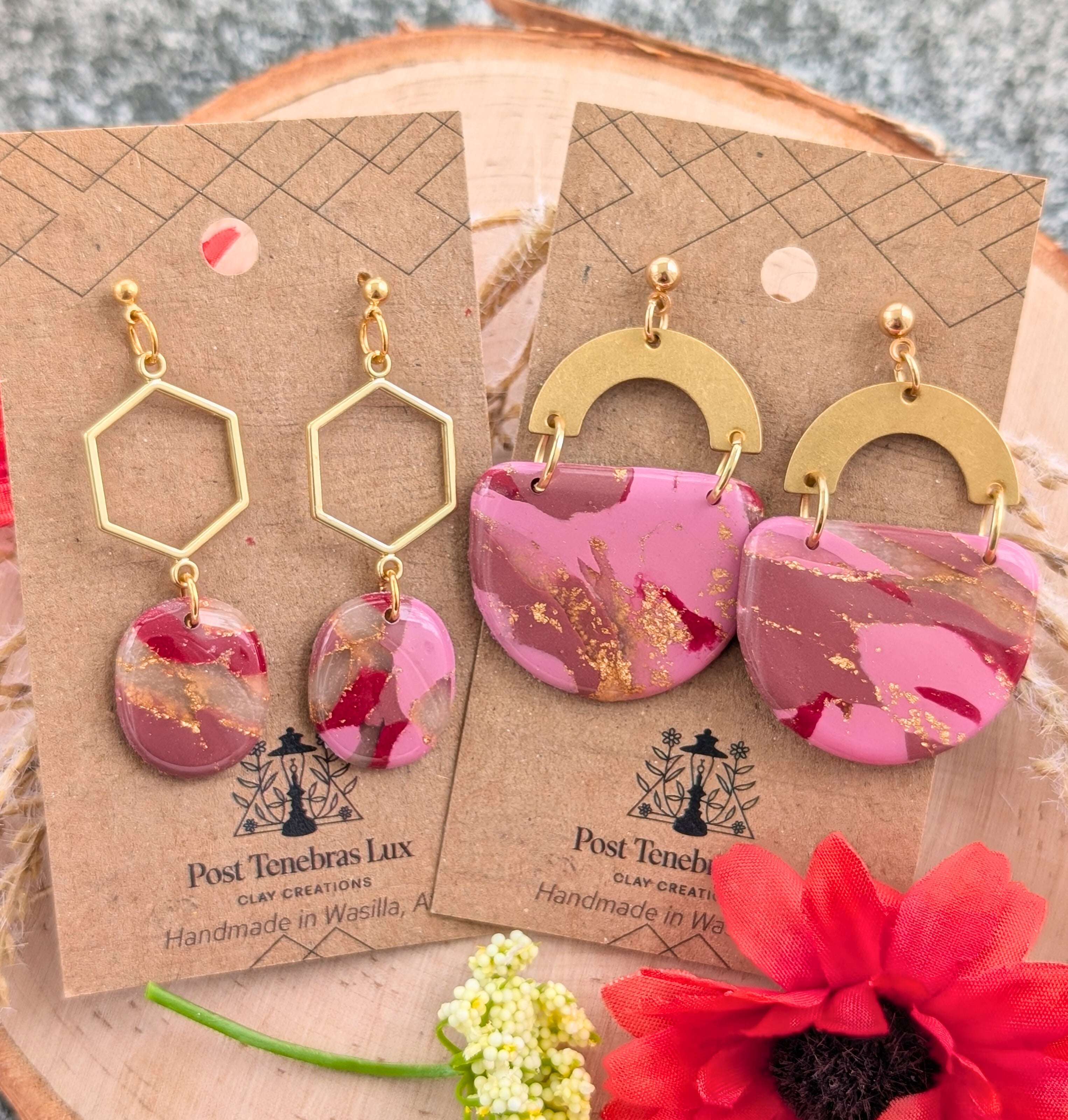 Marbled Pink and Maroon Earrings