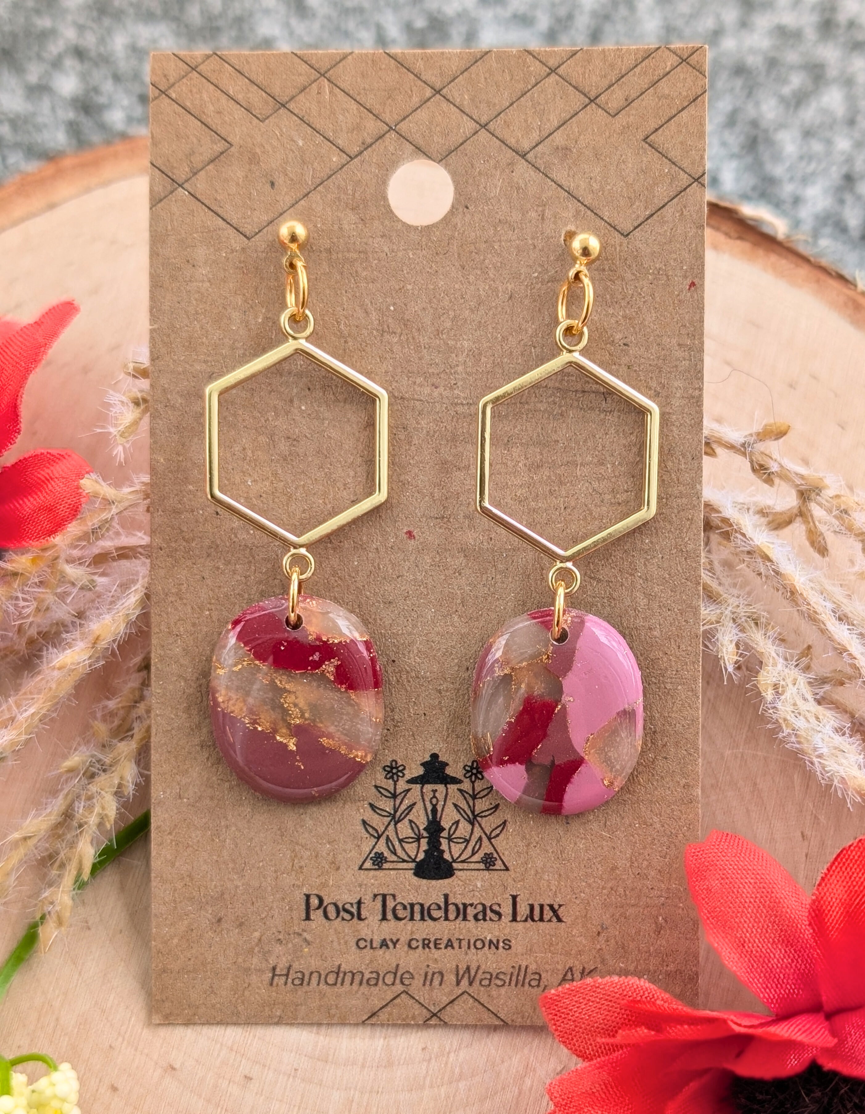 Marbled Pink and Maroon Earrings