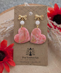 Pink Marbled Heart Earrings with Bead