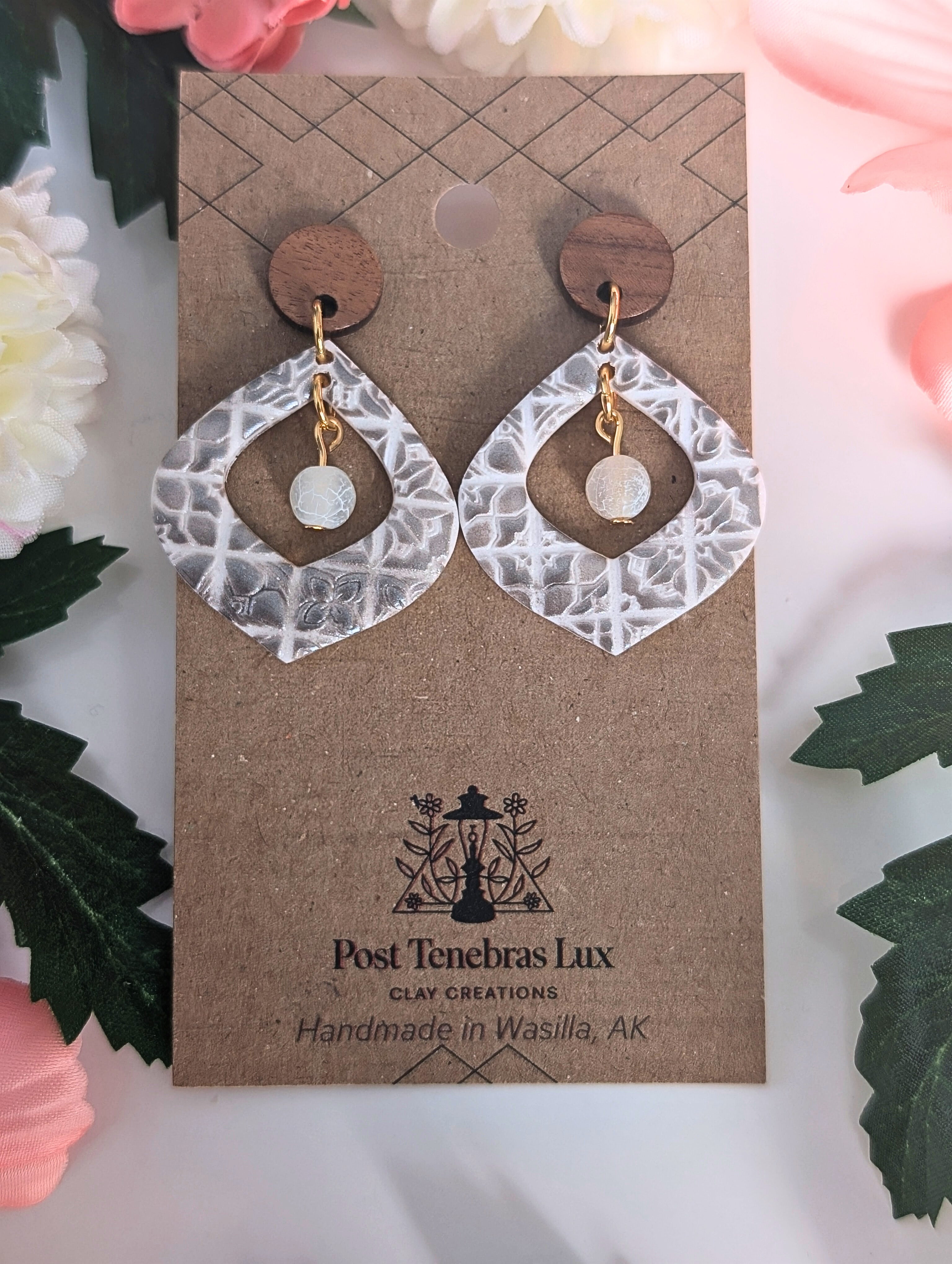 Gray Boho Tile Bead Earrings